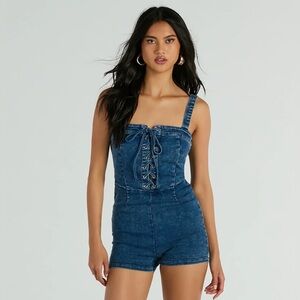 Windsor Dark Blue Lace-Up Denim Romper
